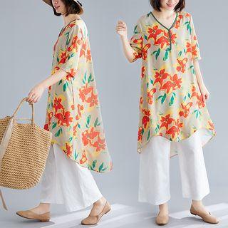 Set: Flower Print Elbow-sleeve Shift Dress + Cropped Wide-leg Pants