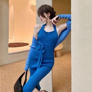 Spaghetti-strap Halter Knit Midi Sheath Dress / Shrug