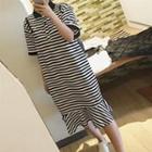 Striped Ruffle Hem Short Sleeve Polo T-shirt Dress