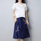 Set: Flower Embroidered Short Sleeve Top + Midi A-line Skirt
