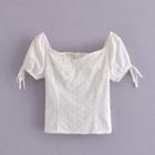 Short-sleeve Square-neck Shirred Panel Embroidered Crop Top
