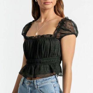 Cap-sleeve Dotted Mesh Crop Top