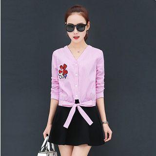 Tie-hem Embroidery Striped Blouse
