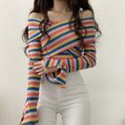 Long-sleeve Striped Off Shoulder Ribbed Top