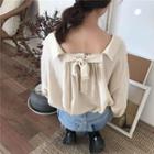 Plain Long-sleeve Loose-fit Blouse Almond - One Size