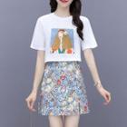 Set : Short-sleeve Printed T-shirt + Printed Mini Skirt