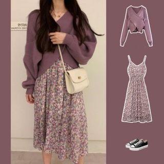 V-neck Cropped Sweater / Spaghetti Strap Floral Chiffon Dress / Set