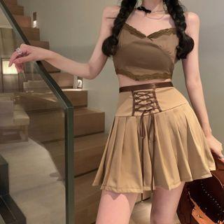Lace Trim Sleeveless Crop Top / Lace-up Pleated Mini Skirt