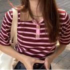 Short-sleeve Collar Striped T-shirt Stripe - Maroon - One Size