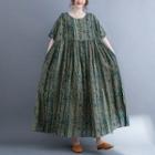 Short-sleeve Patterned Maxi A-line Dress Green - One Size