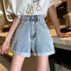 High-waist Roll-up Denim Wide-leg Shorts
