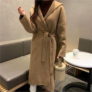 Hooded Wool Blend Coat With Sash Beige - One Size