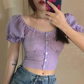 Puff-sleeve Gingham Cropped Blouse Violet - One Size