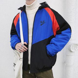 Hooded Color Block Lettering Zip Jacket