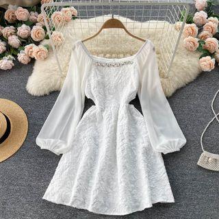 Square-neck Waist Cutout Mesh Puff-sleeve Dress