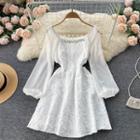Square-neck Waist Cutout Mesh Puff-sleeve Dress