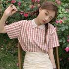 Short-sleeve Plaid Polo Shirt Pink - One Size