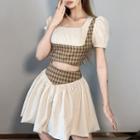 Set: Short-sleeve Plaid Panel Crop Top + Mini A-line Skirt