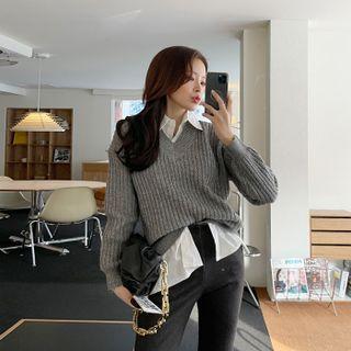 Inset Shirt V-neck Cable-knit Sweater One Size