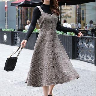 Long-sleeve Top / Plaid Buttoned A-line Midi Pinafore Dress