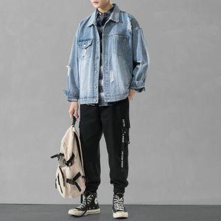 Set: Long-sleeve Plaid Shirt + Cargo Jogger Pants + Denim Jacket