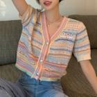 Short-sleeve Patterned Pointelle Knit Top Pink - One Size
