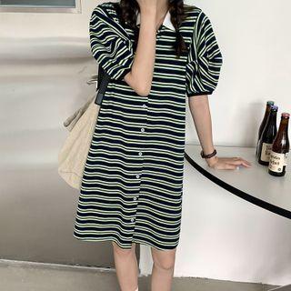 Puff-sleeve Polo-neck Striped Mini Dress