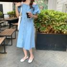 Puff-sleeve Off-shoulder Single Breasted Denim Dress Blue - One Size