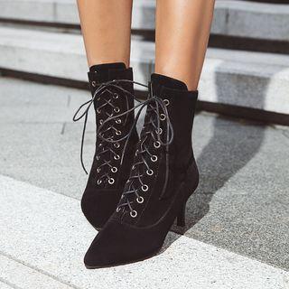 Kitten Heel Lace-up Mid-calf Boots