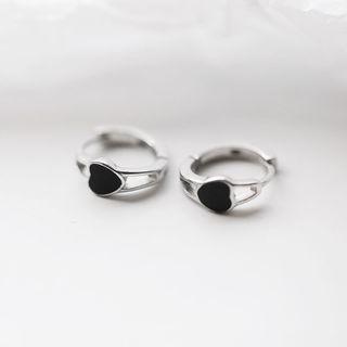 Heart Hoop Drop Earring 1 Pair - Black & Silver - One Size