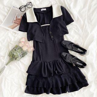 Short-sleeve Polo Collar Cropped Cardigan/ Ruffle Trim Layer Spaghetti-strap Dress