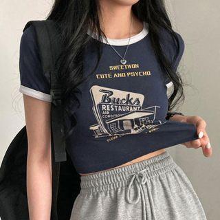 Short Sleeve Contrast-trim Lettering Printed Crop Top