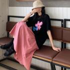 Short-sleeve Flower Print T-shirt / Midi A-line Skirt / Set