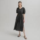 Puff-sleeve Stitched Long Dress With Sash