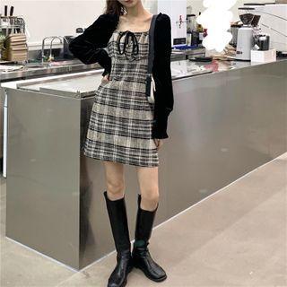 Puff-sleeve Panel Plaid Mini Dress