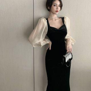 Long-sleeve V-neck Midi Sheath Velvet Dress