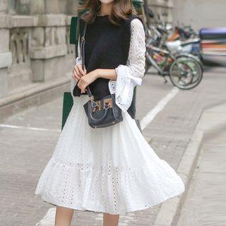 Long Sleeve Eyelet Lace Midi Frill Dress