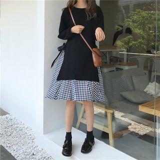 Mock Two-piece Plaid Panel Sweatshirt Dress Black - One Size