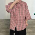 3/4-sleeve Plaid Shirt Plaid - Pink - One Size