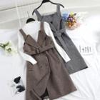 Long-sleeve Mock Neck Knit Top / Sleeveless Plaid A-line Dress / Set