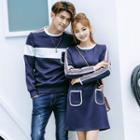 Couple Matching Striped Trim Pullover / Pocketed Pullover Dress