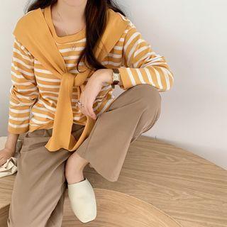 Long-sleeve Striped Tie Neck Knit Top