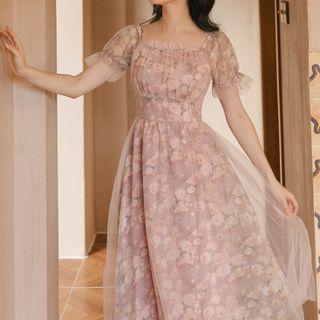 Short-sleeve Floral Print Mesh Overlay Midi A-line Dress