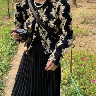Floral Cropped Jacket / Plain Pleated Midi A-line Skirt