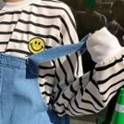 Dolman-sleeve Smile-embroidered Striped Sweatshirt
