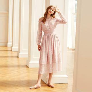 Floral Print Off-shoulder Long-sleeve A-line Midi Dress