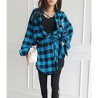Snap-button Checked Long Shirt With Sash Blue - One Size