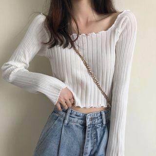 Wide U-neck Long-sleeve Knit Top