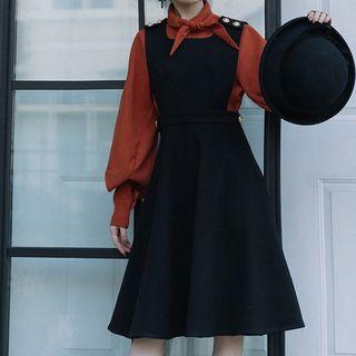 Set: Tie-neck Lantern-sleeve Blouse + Pinafore Dress