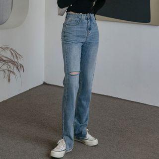 High-waist Slit Ripped Jeans
